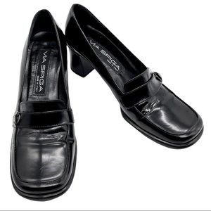 VIA SPIGA Black Leather Square Toe Slip on Chunky Heel Loafers Size 7 Narrow